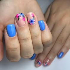 Pinks Nail, Pink And Blue Nails, Pale Pink Nails, Blue Nail Art, Flower Nail Designs, Pink Nail Art, Blue Nail Designs