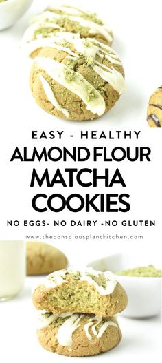 the words easy healthy almond flour match cookies are in front of some cookies with white icing