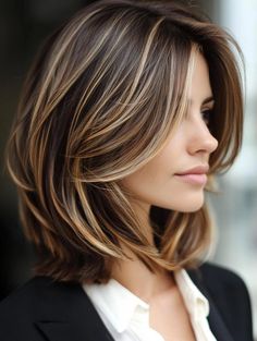 Shoulder Length Brunette Hair With Highlights, Brunette Hair With Ashy Highlights, Shoulder Length Hair Bob, Long Stacked Bob Haircut, Medium Length Brown Hair With Highlights, A Line Bob Haircut, Bob Haircuts With Highlights, Longish Hair, Haircuts With Highlights