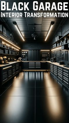 an image of a black garage with lights on the ceiling and cabinets in the background