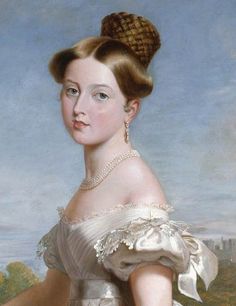 a painting of a woman in a white dress with her hair pulled back and wearing pearls