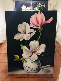 a painting of pink and white flowers in a vase