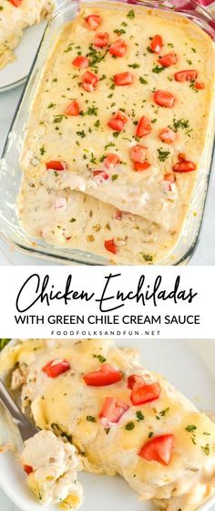 chicken enchiladas with green chili cream sauce in a casserole dish