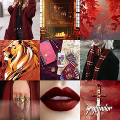 a collage of photos with red lipstick and gold accessories, including an image of a woman's face