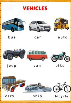 an image of vehicles that are in english and spanish language on a white background with wooden frame