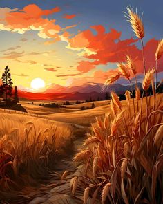 a painting of a sunset over a wheat field