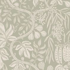 an image of a wallpaper with leaves and berries on the side, in light green