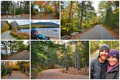 a collage of photos with people on bikes and walking in the woods around them