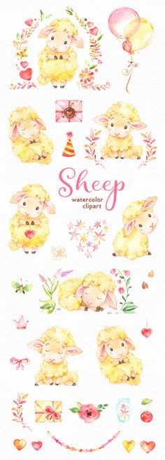 watercolor sheep with flowers and balloons on the side, surrounded by other items that are in