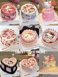 there are many cakes with hello kitty decorations on the top one is pink and white