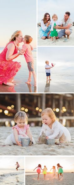 family photos on the beach at sunset with their children playing in the sand and laughing