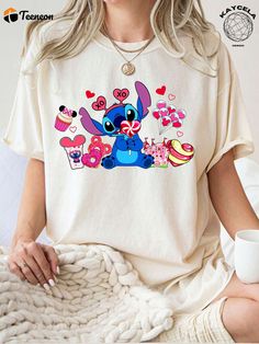 Stitch Valentine Tshirt Disneyland Snacks Couple Shirt for Valentine s Day Casual T-shirt With Character Print As Gift, Sweet Cartoon Print Cotton Tops, Sweet Cotton Tops With Cartoon Print, Sweet Cotton T-shirt With Funny Print, Cute Cotton Shirt With Sublimation Print, Casual T-shirt With Character Print For Gift, Sweet Cotton Tops As Gift, Sweet Cotton T-shirt With Graphic Print, Sweet Cotton T-shirt For Gifts