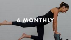 a woman in black top and leggings doing a yoga pose with the words 6 month