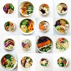 many different bowls filled with different types of food