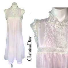 Gorgeous True Authentic Vintage Christian Dior Lingerie Nightgown. Size L, Can Fit Xs - L, Depending On The Look You Want, Please Check Measurements. Pale Pink Nightgown With White Lace Delicate Floral Chest Embroidery Floral Lace Embroidered Chest, High Neck Lace Trim, Optional Front Button Closure Gorgeous Sheer Floral Lace Panel Across Chest & Back, Floral Lace Arm Cutout Lightweight, Romantic & Ethereal 19.5" Pit-Pit, 47" Length; Polyester, Cotton In Great Preloved Condition :: Lingerie Sati Feminine Delicate Lace Nightgown For Loungewear, Feminine White Lace Nightgown, Feminine Delicate Lace Nightgown, Elegant Lace Nightgown For Home, Delicate White Nightgown For Sleep, Delicate White Sleepwear For Loungewear, White Lace Sleepwear For Home, Delicate White Nightgown, Nightgown Lingerie