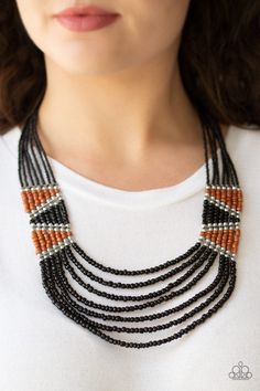 Separated by shimmery silver fittings, black, brown, and silver seed beaded geometric frames give way to layers of black seed beads down the chest for a tribal inspired flair. Features an adjustable clasp closure. Sold as one individual necklace. Includes one pair of matching earrings. Get The Complete Look! Bracelet: "Outback Outing - Black" (Sold Separately) Kickin It, Black Seed, Paparazzi Accessories, Seed Bead Necklace, Black Necklace, Affordable Jewelry, Boutique Jewelry, Necklace Earring Set, Gifts Ideas