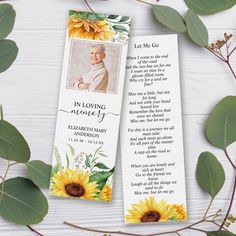 a memorial bookmark with sunflowers and leaves