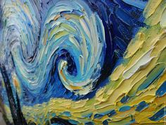 an abstract painting with blue, yellow and white paint on it's canvases