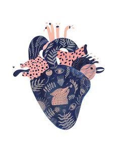 an illustration of a human heart surrounded by plants and animals