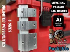 the back side of a red truck with metal brackets on it and an advertise for