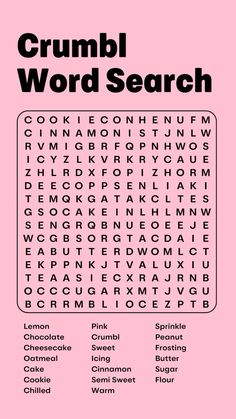 a pink poster with the words crumbl word search in black and white on it