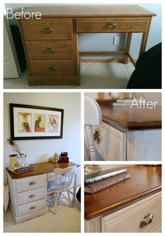 before and after photos of an old desk makeover with white paint, wood grained drawers and gold hardware