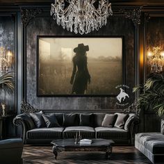 a living room filled with furniture and a chandelier