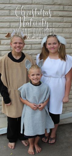 three children dressed up in costumes standing next to each other with text overlay that says,