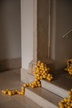 some yellow balls are scattered on the floor next to a stair case and door way