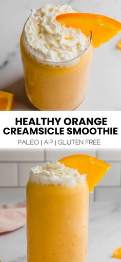 an orange smoothie in a glass with whipped cream on top and the recipe below