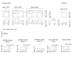 the diagram shows different types of couches and loveseats, with measurements for each seat