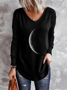 Shop Blouses & Shirts - Zolucky Long Sleeve 1 Black Women Blouses & Shirts Cotton-Blend V Neck Casual Casual Printed Blouses & Shirts online. Discover unique designers fashion at Zolucky Moon Shirts, Layer Shirt, Moon T Shirt, Trendy Winter, Winter Pullover, Bottoming Shirt, Moon Print, Women Shirts Blouse, Shirts For Women