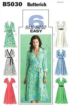 a women's dress and top sewing pattern with six different patterns on the front