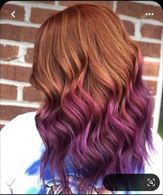 Redhead Ombre Hair, Colors That Go With Ginger Hair, Copper Violet Hair, Copper And Vivid Hair, Cooper And Purple Hair, Redhead With Purple Highlights, Purple Highlights Red Hair, Ginger Hair With Balayage, Purple Roots Red Hair