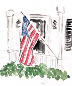 a drawing of an american flag in front of a building with green plants on the ground