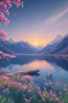 a lake surrounded by mountains with pink flowers