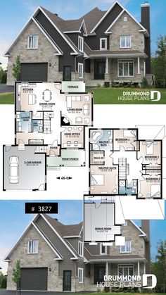 two story house plan with 3 bedroom and 2 bathrooms in the front, an open floor plan