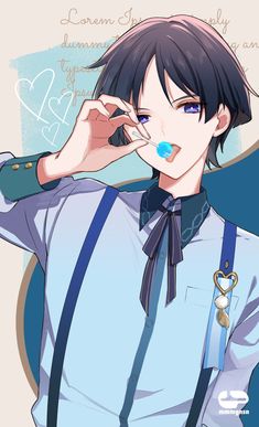 an anime character with black hair wearing a blue shirt and suspenders, holding his hand to his face