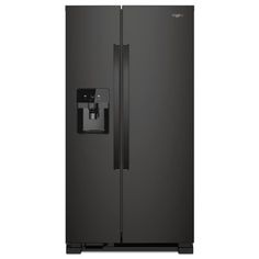 a black refrigerator freezer with the door open and water dispenser attached