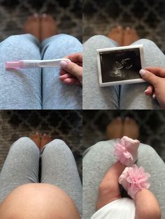 two pictures of a person laying on the floor with their legs crossed and holding a toothbrush