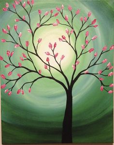 a painting of a tree with pink flowers in the branches on a green and blue background