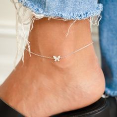 Beautiful and delicate butterfly charm anklet is great for stacking, beach days, and just to elevate your look! The pavé anklet was made with an attention to detail, super high quality and meant to last! MATCHING NECKLACE! Made of 925 Sterling Silver THICK plating of 14k Gold or Rhodium - for a piece that will last you years to come! 9.5" + .5" Extension Chain Nickel-free & Hypoallergenic Able to be worn to the beach & pool! Lobster clasp closure 8mm Charm Highest grade cubic zirconia for an aut Anklets Aesthetic, Aesthetic Anklets, Anklets Silver, Ankle Accessories, Black Anklet, Ankle Bracelets Gold, Silver Chain Anklet, Silver Anklets Designs, Jewelry Anklets