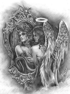 a drawing of two women with angel wings on their back, in front of a mirror