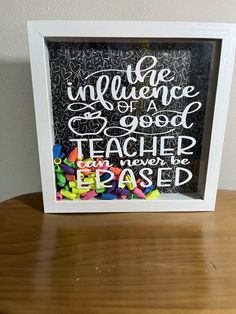 a white frame with the words be in evidence of a good teacher and never be based on it