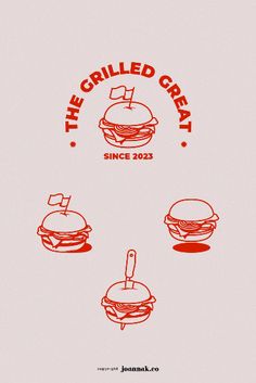 the grilled great poster with three hamburgers and a flag on top of it