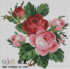 a cross stitch pattern with pink roses and green leaves