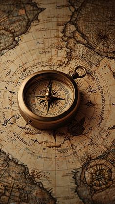 a compass is sitting on top of an old world map with all the letters and numbers