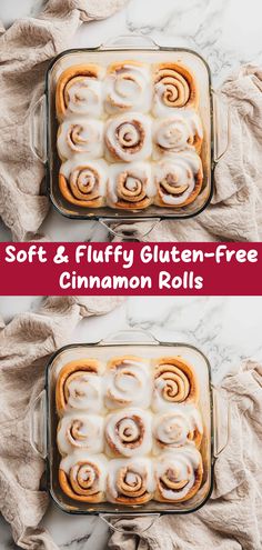 two images of cinnamon rolls in a glass baking dish