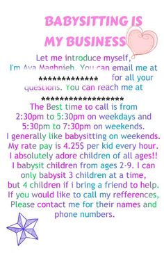 the babysitting is my business poster with instructions on how to use it for your child's birth