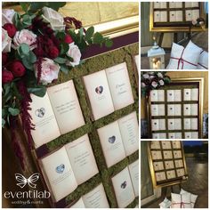 several pictures of wedding cards and flowers on display